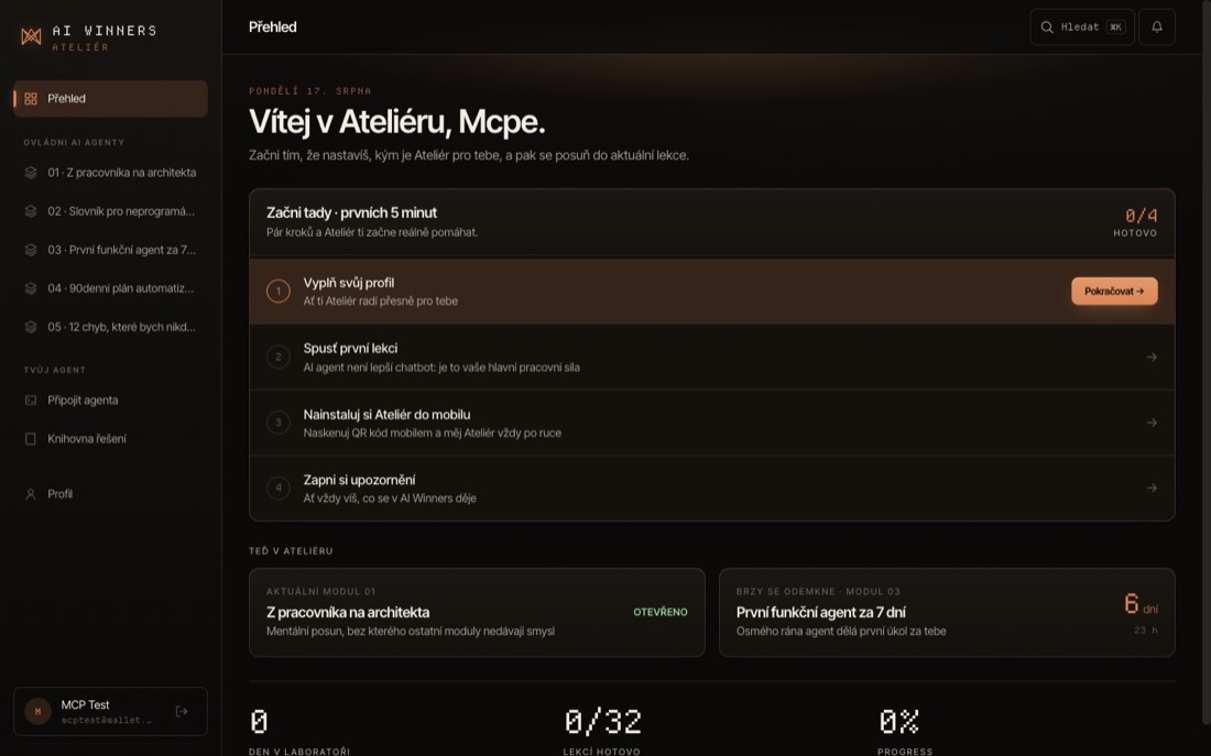 Členská sekce s přehledem modulů a postupu